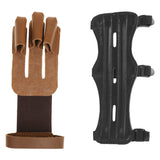 Maxbell Leather Archery 3 Straps Arm Guard + 3 Fingers Glove for Hunting Shooting