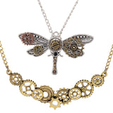 Maxbell 2Pcs Steampunk Dragonfly Gear Pendant Biker Gothic Necklace Mechanical Chain