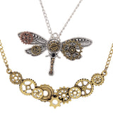 Maxbell 2Pcs Steampunk Dragonfly Gear Pendant Biker Gothic Necklace Mechanical Chain