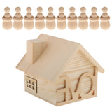 Maxbell 10 Pieces Unpainted Peg People Dolls + Wood House Money Bank Box DIY Toys