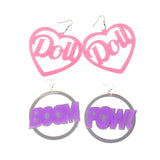 Maxbell 2 Pairs BOOM POW Heart Doll Dangle Earrings Acrylic Stud Women Hip Hop Party