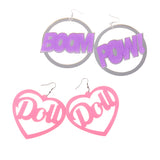 Maxbell 2 Pairs BOOM POW Heart Doll Dangle Earrings Acrylic Stud Women Hip Hop Party