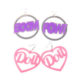 Maxbell 2 Pairs BOOM POW Heart Doll Dangle Earrings Acrylic Stud Women Hip Hop Party