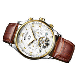 Maxbell KINYUED Mens Automatic Mechanical Brown Genuine Leather Strap Wristwatch Skeleton Analog Display Watch Jewelry