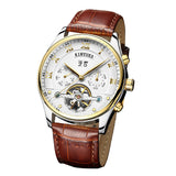 Maxbell KINYUED Mens Automatic Mechanical Brown Genuine Leather Strap Wristwatch Skeleton Analog Display Watch Jewelry