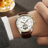 Maxbell KINYUED Mens Automatic Mechanical Brown Genuine Leather Strap Wristwatch Skeleton Analog Display Watch Jewelry