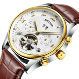 Maxbell KINYUED Mens Automatic Mechanical Brown Genuine Leather Strap Wristwatch Skeleton Analog Display Watch Jewelry