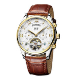 Maxbell KINYUED Mens Automatic Mechanical Brown Genuine Leather Strap Wristwatch Skeleton Analog Display Watch Jewelry