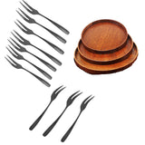 Maxbell 3 x Round Wooden Serving Trays + 10 pieces Appetizer Fruit Fork Flatware Set