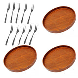 Maxbell 3 x Round Wooden Serving Trays + 10 pieces Appetizer Fruit Fork Flatware Set