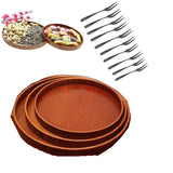 Maxbell 3 x Round Wooden Serving Trays + 10 pieces Appetizer Fruit Fork Flatware Set