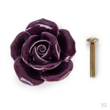 Maxbell Set of 2PCS Dark Purple Rose Flower Ceramic Kitchen Cabinet Cupboard Handles Pull Knob with 2 Mounting Screws