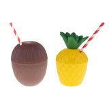 Maxbell 2/set Tropical Pineapple Coconut Shaped Drink Cups & Straw for Hawaiian Luau Beach Party