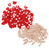 Maxbell 100 Pieces Wooden Red Heart Adhesive Stickers& 100 Pieces Wood Pegs Pins for DIY Craft