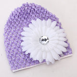 Maxbell Soft Crochet Beanie Cap Hat with Rhinestone Charms Daisy Flower Hair Clip for Baby Girl Winter Warm Clothing Light Purple + White