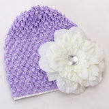 Maxbell Handmade Crochet Beanie Cap Hat + Rhinestone Charms Peony Flower Hair Clip for Baby Kids Girl Winter Clothing Light Purple + Creamy