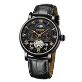 Maxbell KINYUED Skeleton Moon Phase Auto Mechanical Leather Watch Black