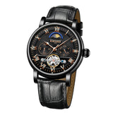 Maxbell KINYUED Skeleton Moon Phase Auto Mechanical Leather Watch Black