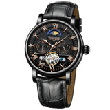 Maxbell KINYUED Skeleton Moon Phase Auto Mechanical Leather Watch Black