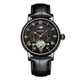 Maxbell KINYUED Skeleton Moon Phase Auto Mechanical Leather Watch Black