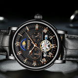 Maxbell KINYUED Skeleton Moon Phase Auto Mechanical Leather Watch Black