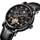 Maxbell KINYUED Skeleton Moon Phase Auto Mechanical Leather Watch Black