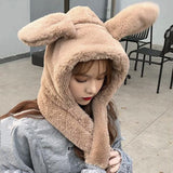 Girl Fashion Plush Hat Scarf Set Rabbit Ear Novelty Caps Hooded Scarf Khaki