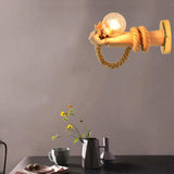 Maxbell Retro Industrial Wall Sconce Light Wood Rope Lamp Bedside Wall Mount Fixture Rope Style