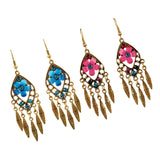 Maxbell Boho Hollow Tassel Earring Flower Rhinestone Jewelry for Women Light Blue