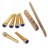 Maxbell Brass Slotted Saddle Nut + Blue Opal Bridge Pins Set for Acoustic Folk Guitar Replacements