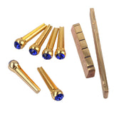 Maxbell Brass Slotted Saddle Nut + Blue Opal Bridge Pins Set for Acoustic Folk Guitar Replacements