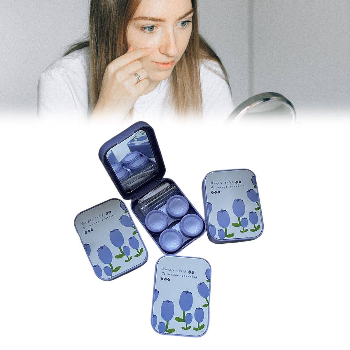 Maxbell Compact Contact Lens Travel Case w/ Mirror Remover Tool   Blue Big Tulip