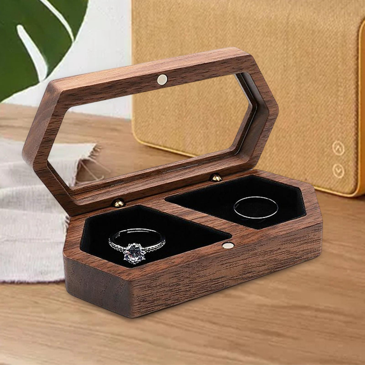Maxbell Portable Diamond Rings Box with Lid Double Rings Box for Engagement Black