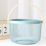 Maxbell Iron Kitchen Storage Basket with Bamboo Handle for Shopping Entryway Office Gray Blue