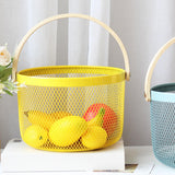 Maxbell Iron Kitchen Storage Basket with Bamboo Handle for Shopping Entryway Office Yellow