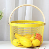 Maxbell Iron Kitchen Storage Basket with Bamboo Handle for Shopping Entryway Office Yellow