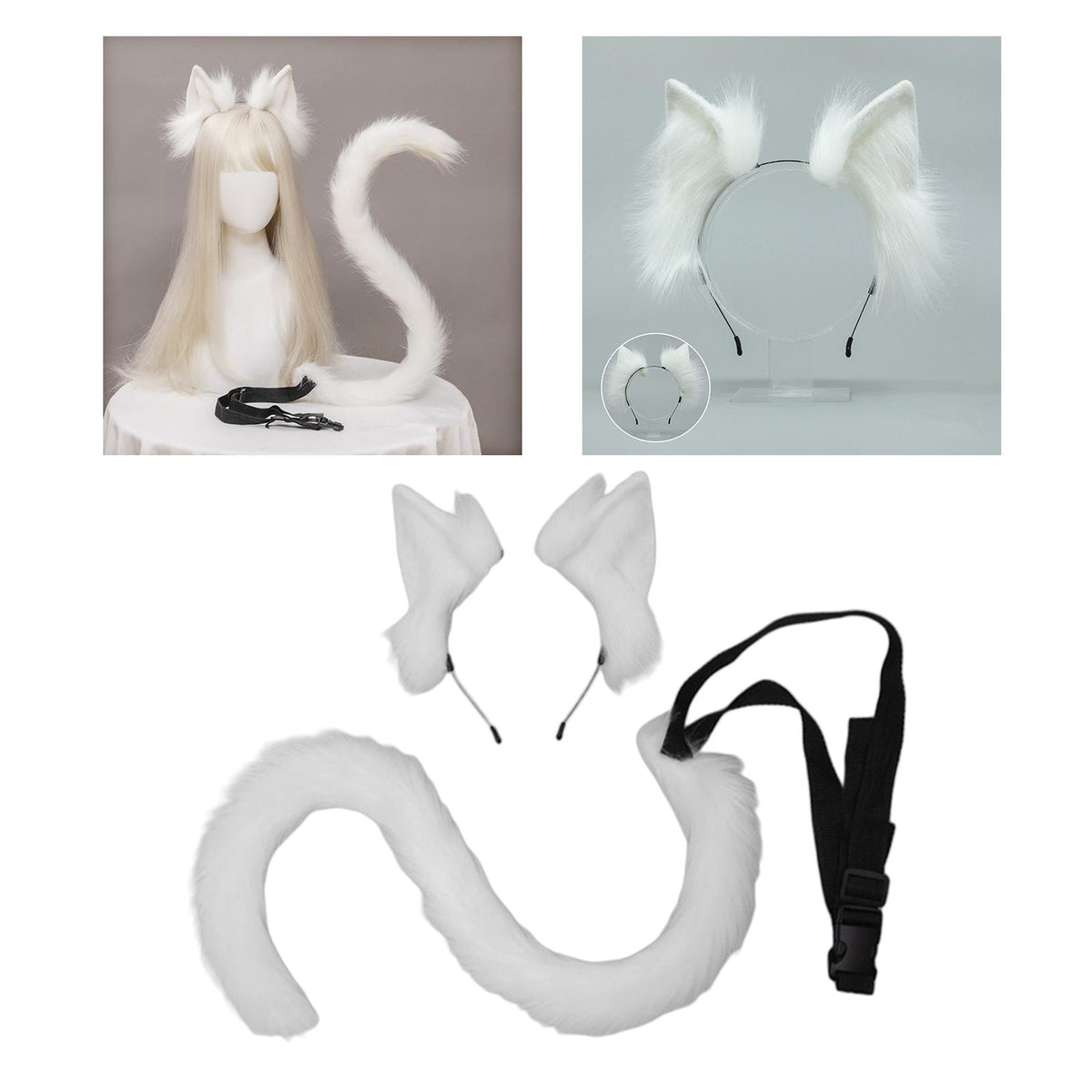 Maxbell 2Pcs Cat Ears and Tail Set Faux Fur Long Tail for Anime Cosplay Costume Kits White