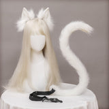 Maxbell 2Pcs Cat Ears and Tail Set Faux Fur Long Tail for Anime Cosplay Costume Kits White