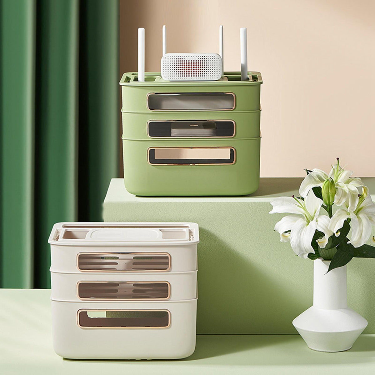 Maxbell Router Storage Case Power Charger Organizer Decoration for TV Wires Home White 3 Layers