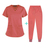 Maxbell Womens Uniforms Scrub Set Nurse Top Pants V-Neck for Healthcare SPA Nursing M Orange Red