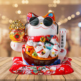 Maxbell Ceramic Lucky Cat Figure Toy Waving Fortune Welcoming Good Luck Chinese Hug Cat Sunglasses
