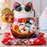 Maxbell Ceramic Lucky Cat Figure Toy Waving Fortune Welcoming Good Luck Chinese Hug Cat Sunglasses