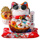 Maxbell Ceramic Lucky Cat Figure Toy Waving Fortune Welcoming Good Luck Chinese Hug Cat Sunglasses