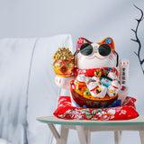 Maxbell Ceramic Lucky Cat Figure Toy Waving Fortune Welcoming Good Luck Chinese Hug Cat Sunglasses
