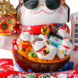 Maxbell Ceramic Lucky Cat Figure Toy Waving Fortune Welcoming Good Luck Chinese Hug Cat Sunglasses