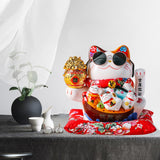 Maxbell Ceramic Lucky Cat Figure Toy Waving Fortune Welcoming Good Luck Chinese Hug Cat Sunglasses
