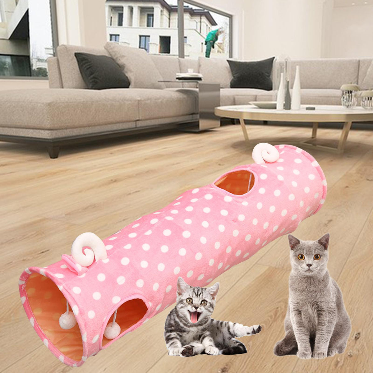 Maxbell Kitten Tunnel Puppy Rabbit Peepholes Play Fun Toy Tube Collapsible pink