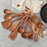 Maxbell Wooden Kitchen Utensils Set Non Stick Teak Wood Durable for Home Accessories 10pcs