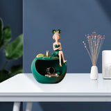 Maxbell Resin Girl Storage Statue Tray Big Mouth for Kitchen Living Room Xmas Green