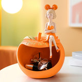 Maxbell Resin Girl Storage Statue Tray Big Mouth for Kitchen Living Room Xmas Orange